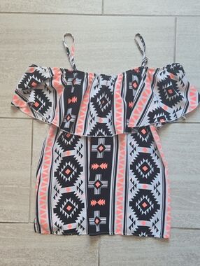 No Boundaries Black, White & Coral Aztec Off-Shoulder Top